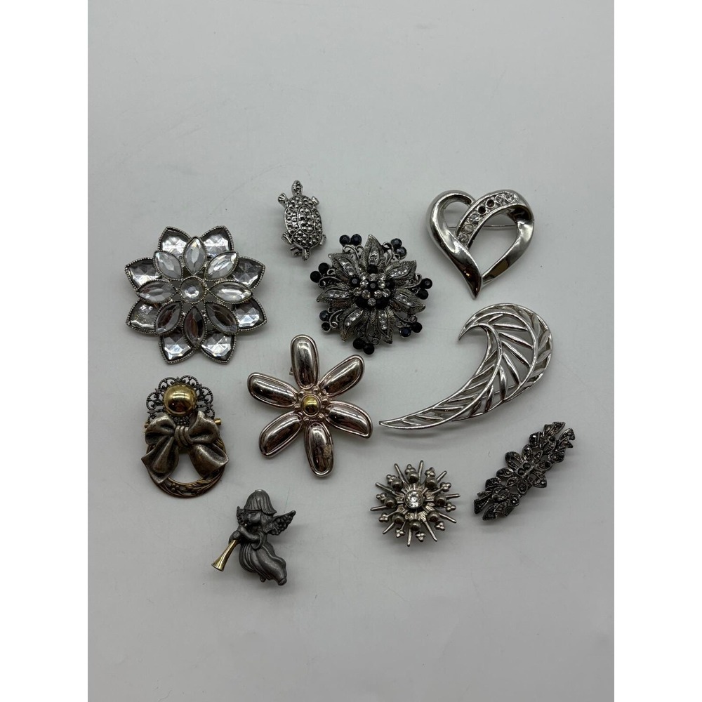 10pc Vintage Silver Tone Brooch Lot Flower Turtle Angel Heart Rhinestone J225